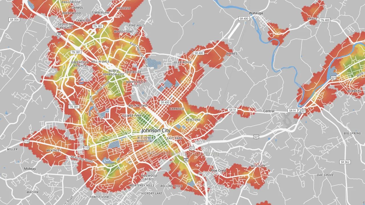 Walk Grade map of 37601, TN, walkable areas in green and car-dependent areas in red