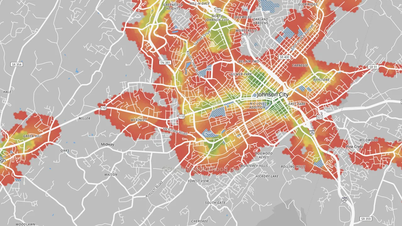 Walk Grade map of 37604, TN, walkable areas in green and car-dependent areas in red