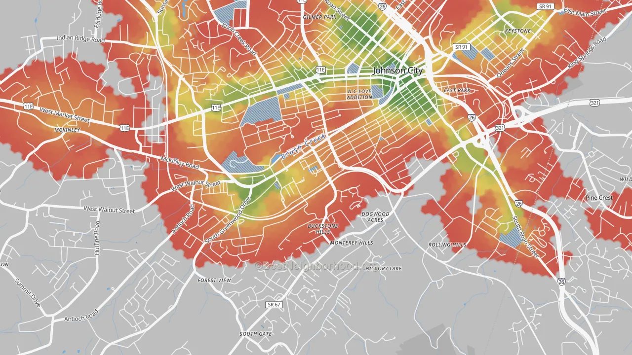 Walk Grade map of 37614, TN, walkable areas in green and car-dependent areas in red