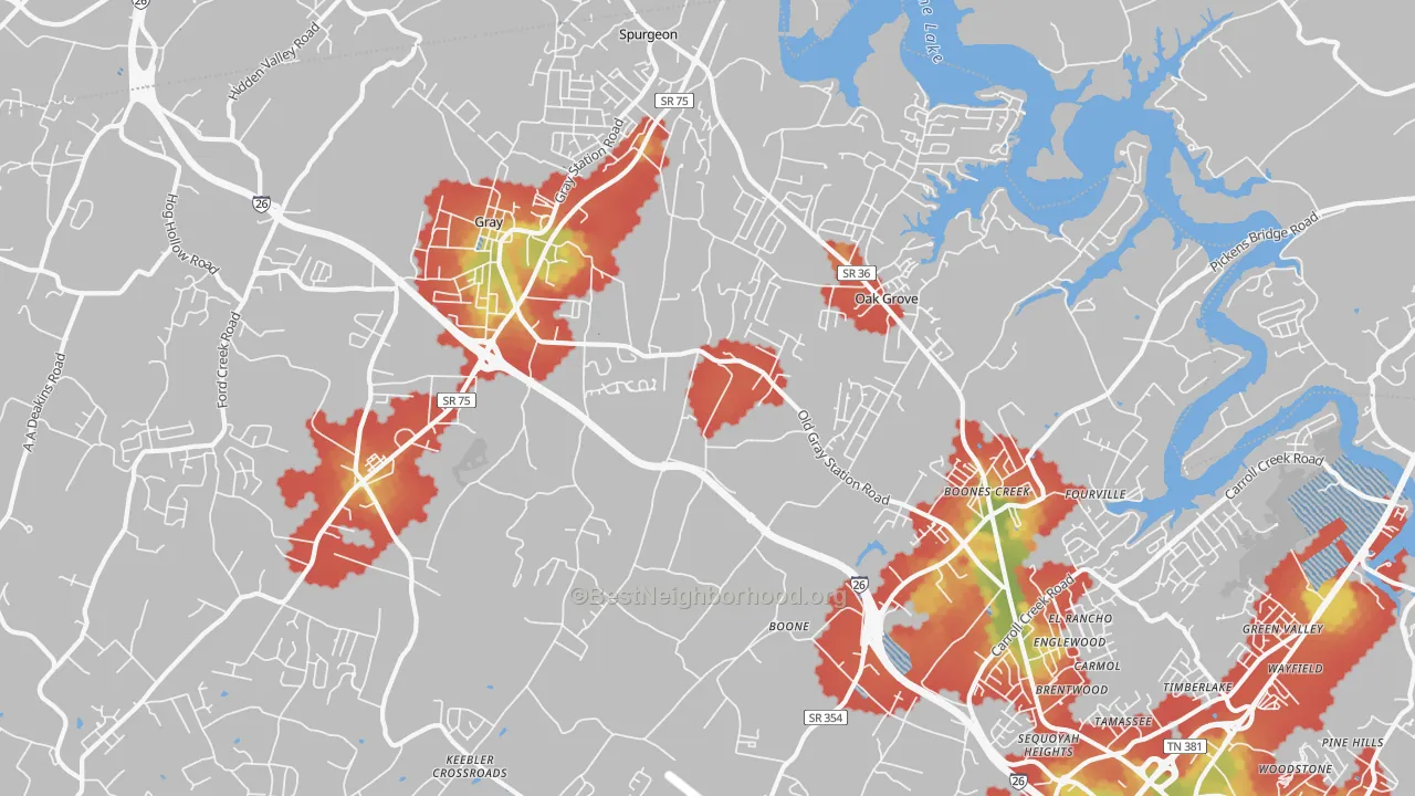 Walk Grade map of 37615, TN, walkable areas in green and car-dependent areas in red