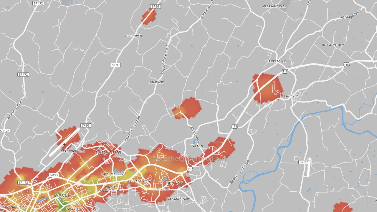 Walk Grade map of 37616, TN, walkable areas in green and car-dependent areas in red