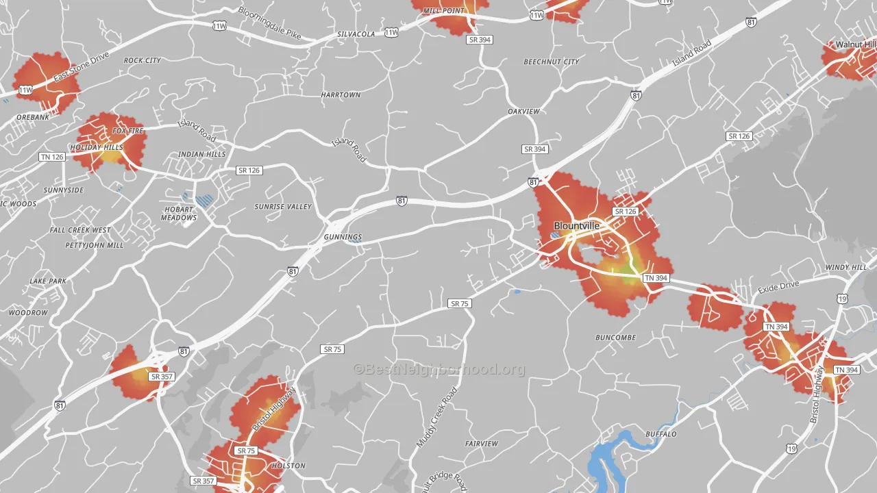 Walk Grade map of 37617, TN, walkable areas in green and car-dependent areas in red