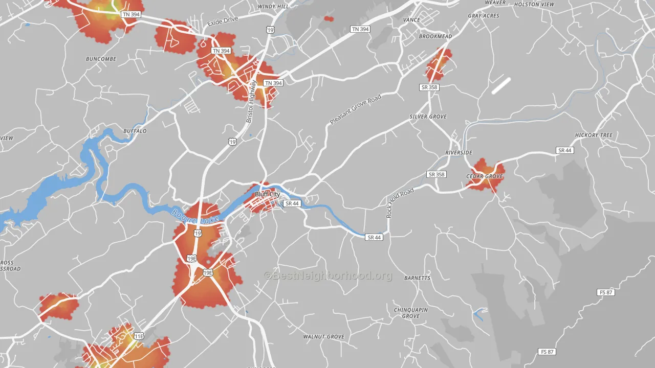 Walk Grade map of 37618, TN, walkable areas in green and car-dependent areas in red