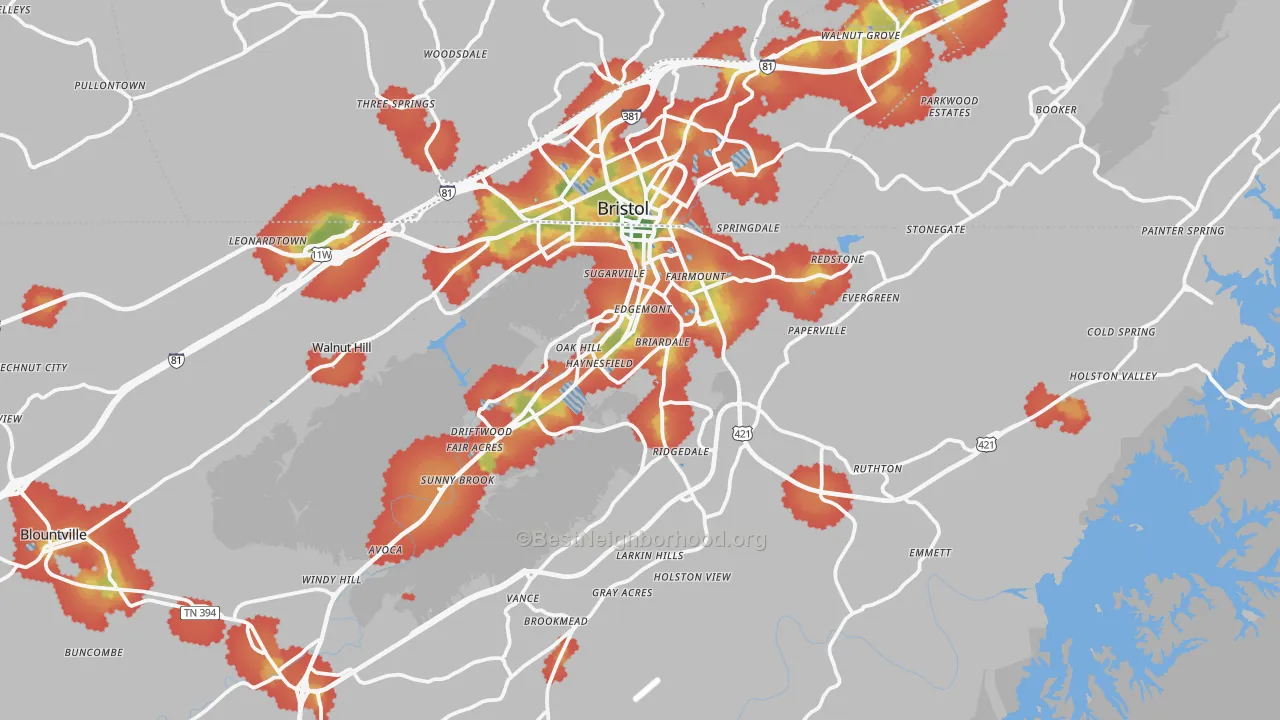 Walk Grade map of 37620, TN, walkable areas in green and car-dependent areas in red