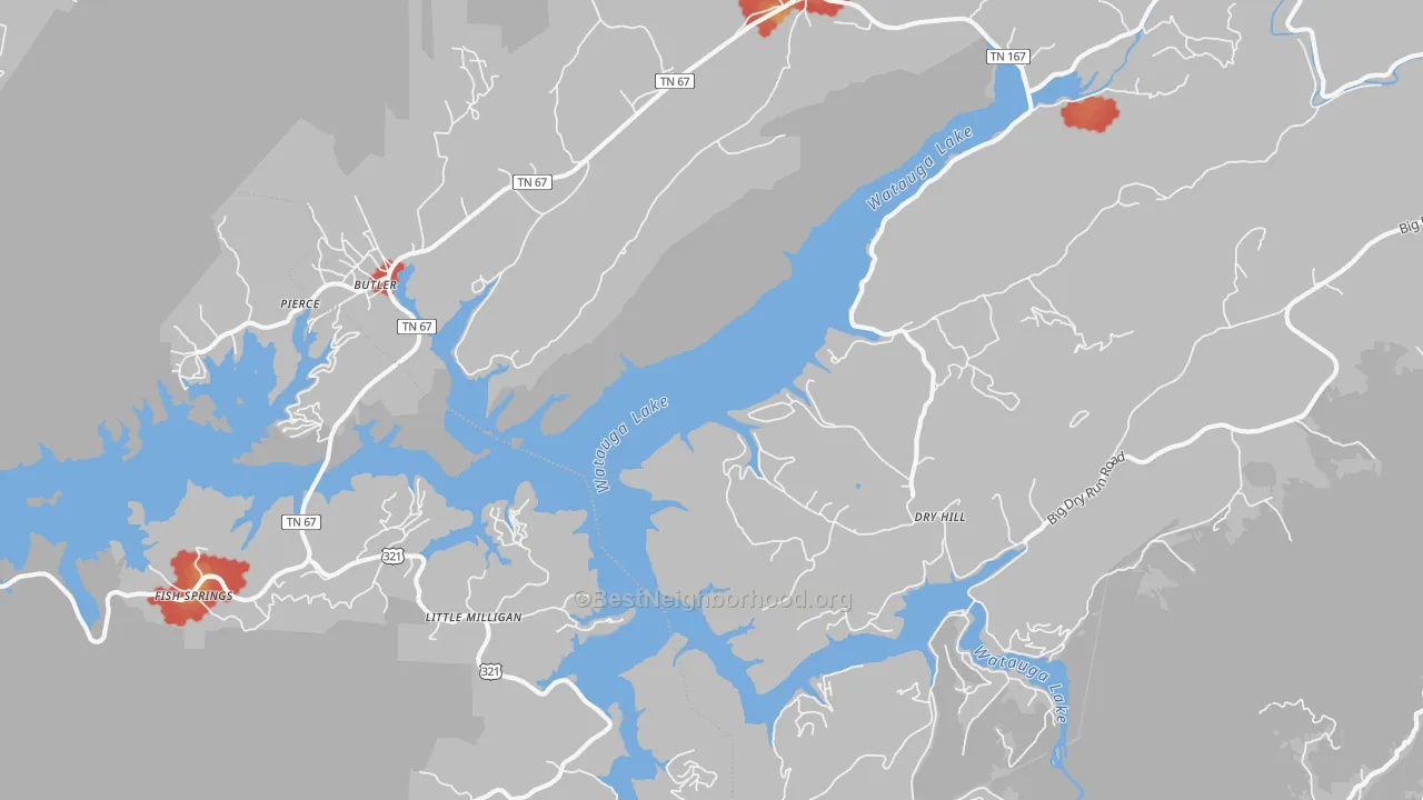 Walk Grade map of 37640, TN, walkable areas in green and car-dependent areas in red