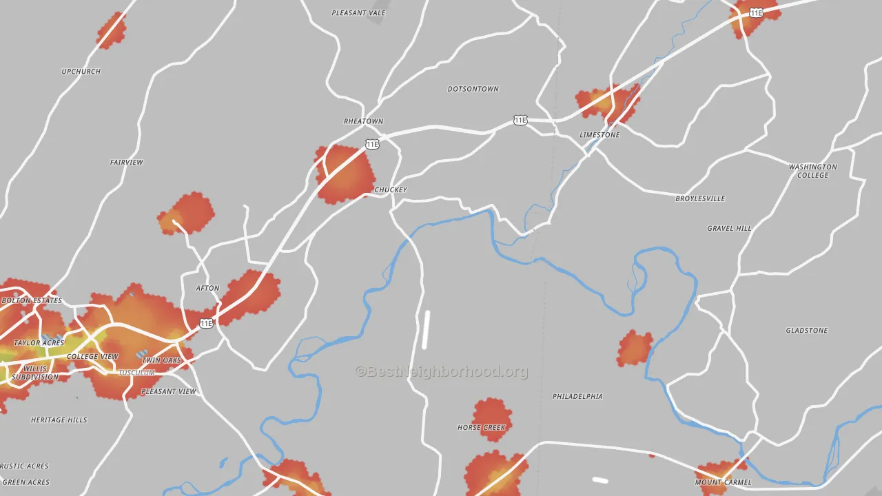Walk Grade map of 37641, TN, walkable areas in green and car-dependent areas in red