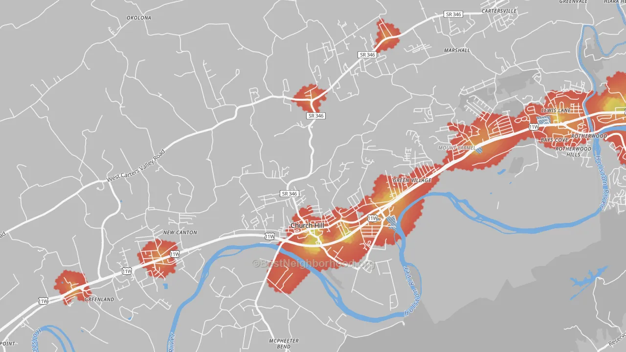 Walk Grade map of 37642, TN, walkable areas in green and car-dependent areas in red