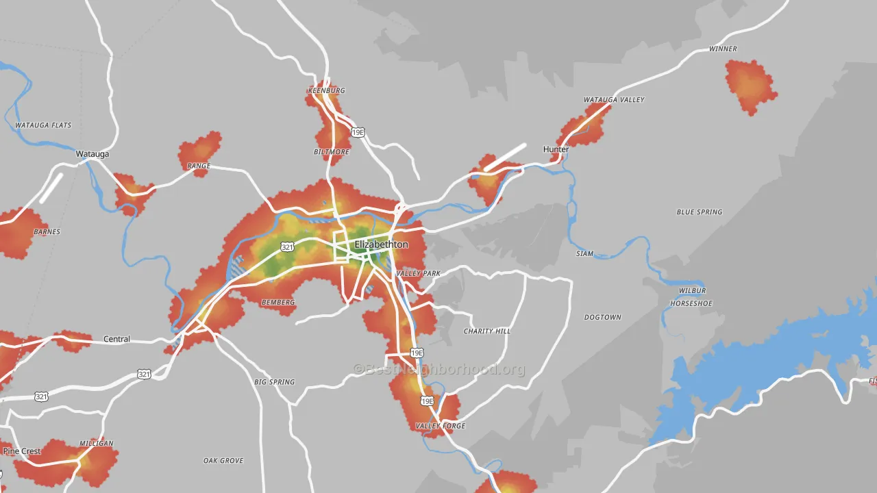 Walk Grade map of 37643, TN, walkable areas in green and car-dependent areas in red