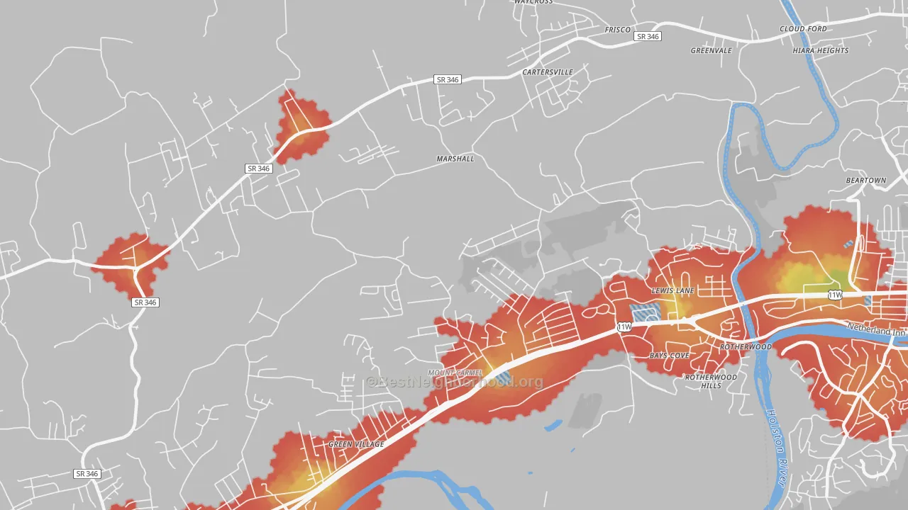 Walk Grade map of 37645, TN, walkable areas in green and car-dependent areas in red