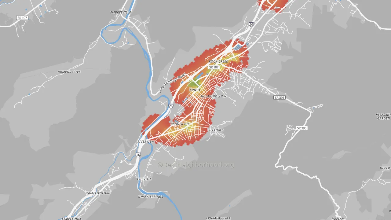 Walk Grade map of 37650, TN, walkable areas in green and car-dependent areas in red