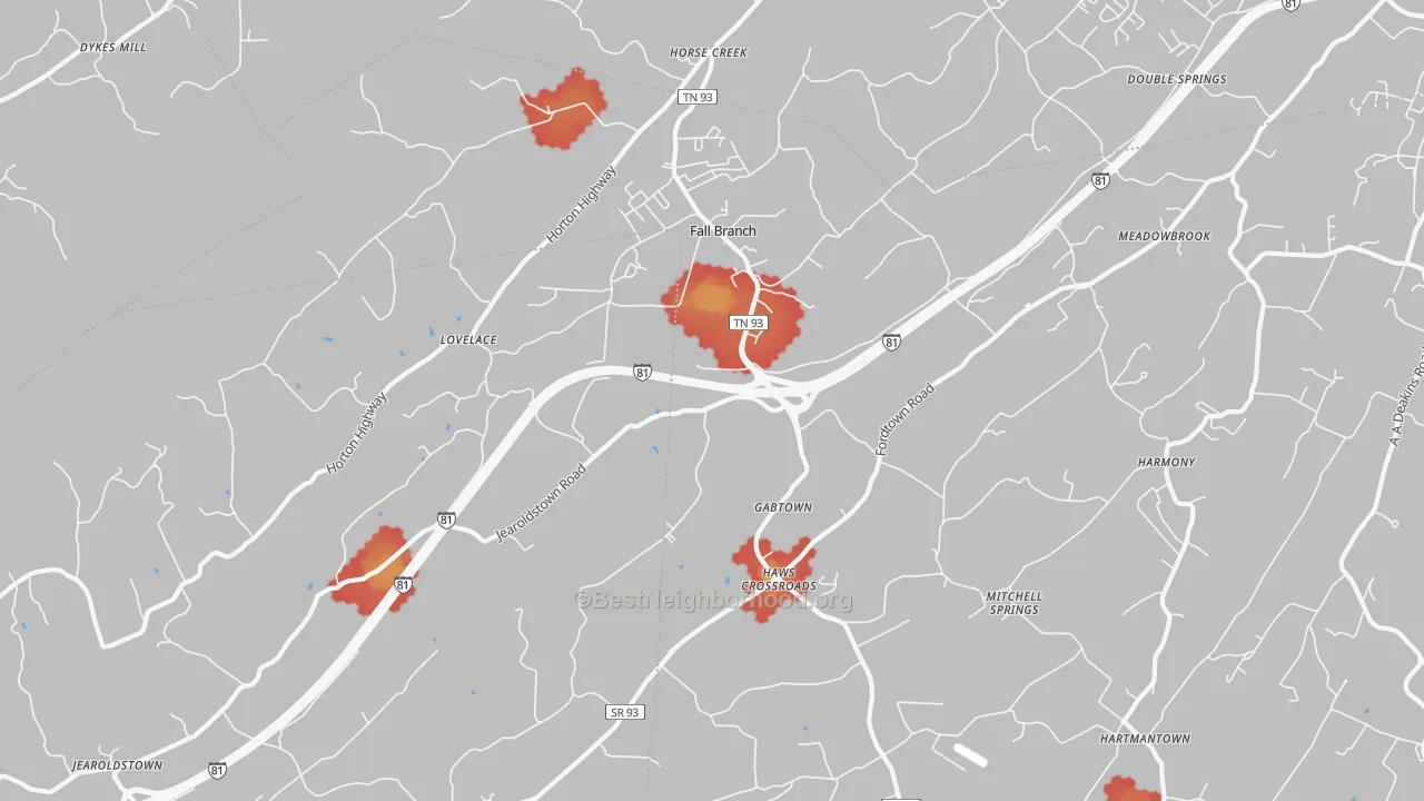 Walk Grade map of 37656, TN, walkable areas in green and car-dependent areas in red