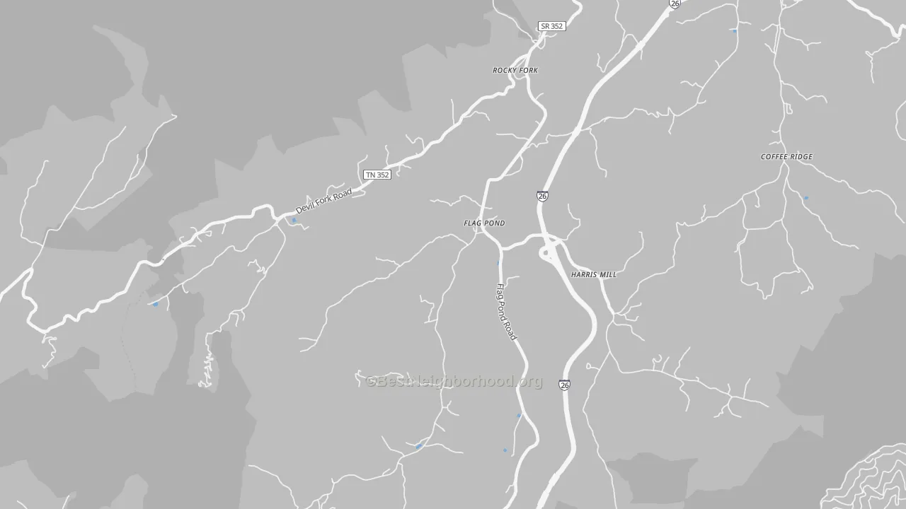 Walk Grade map of 37657, TN, walkable areas in green and car-dependent areas in red