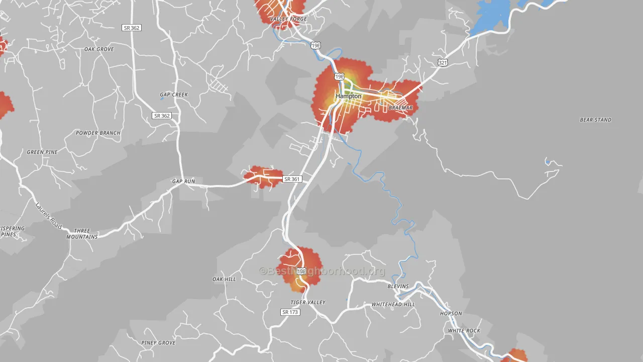 Walk Grade map of 37658, TN, walkable areas in green and car-dependent areas in red