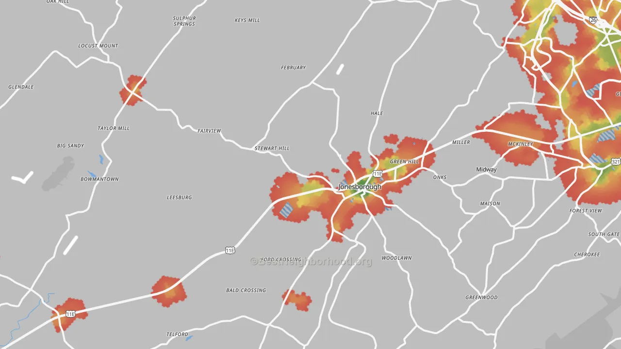 Walk Grade map of 37659, TN, walkable areas in green and car-dependent areas in red