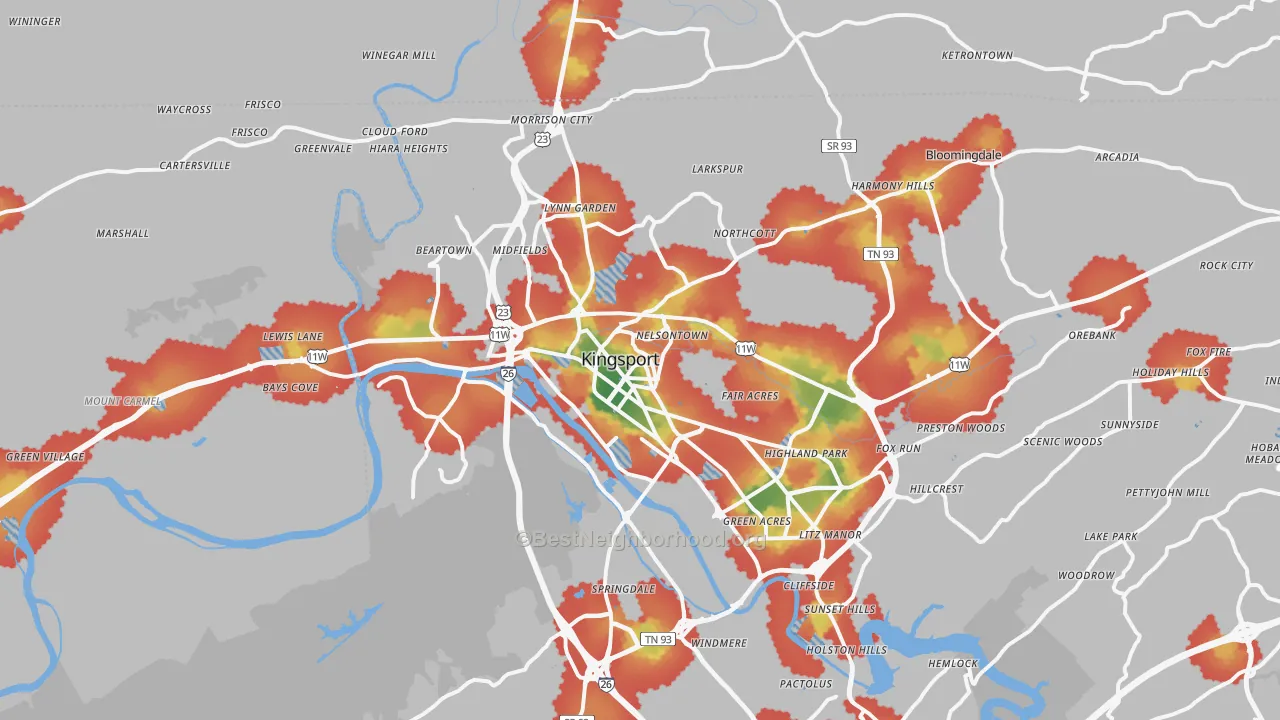 Walk Grade map of 37660, TN, walkable areas in green and car-dependent areas in red