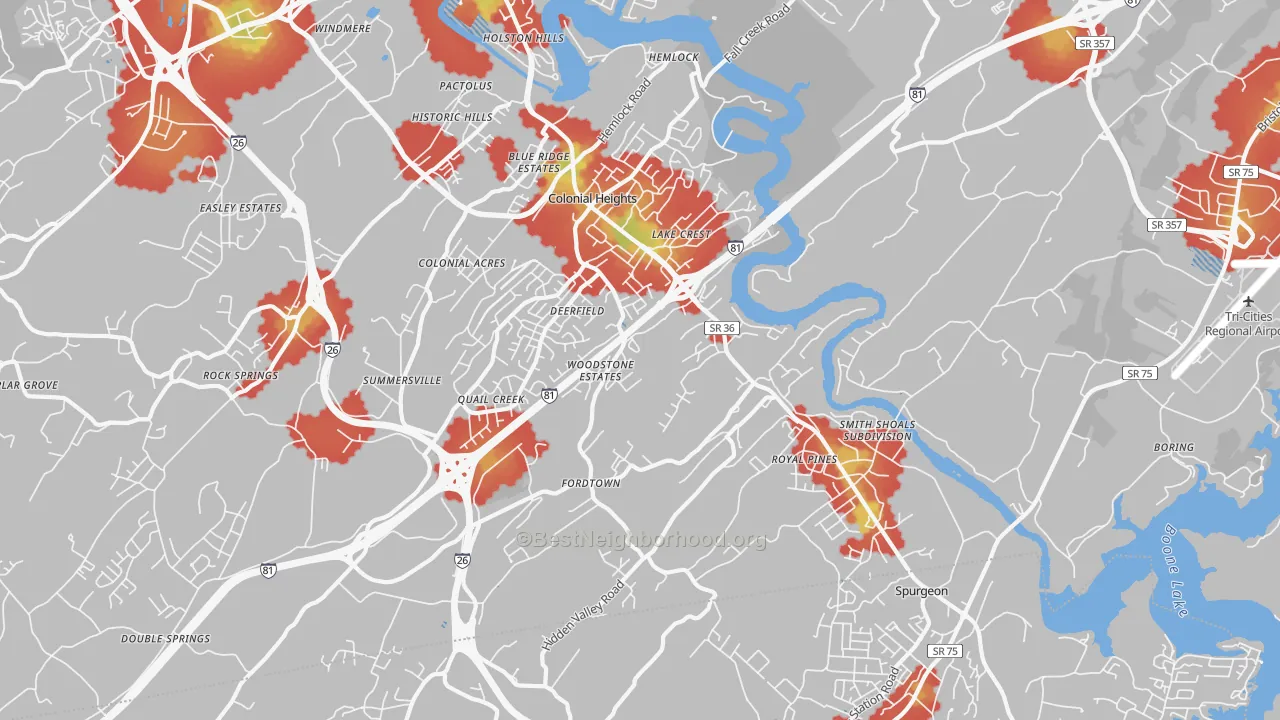 Walk Grade map of 37663, TN, walkable areas in green and car-dependent areas in red
