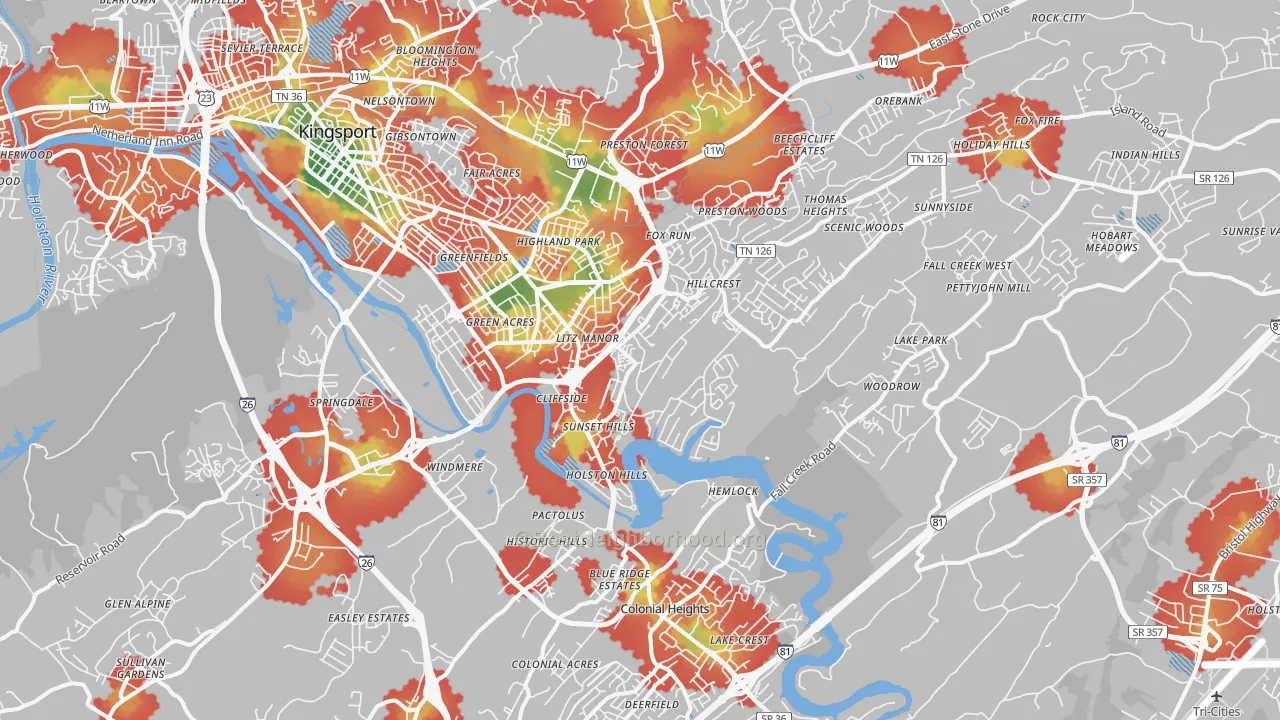 Walk Grade map of 37664, TN, walkable areas in green and car-dependent areas in red