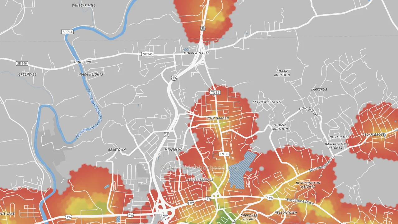 Walk Grade map of 37665, TN, walkable areas in green and car-dependent areas in red