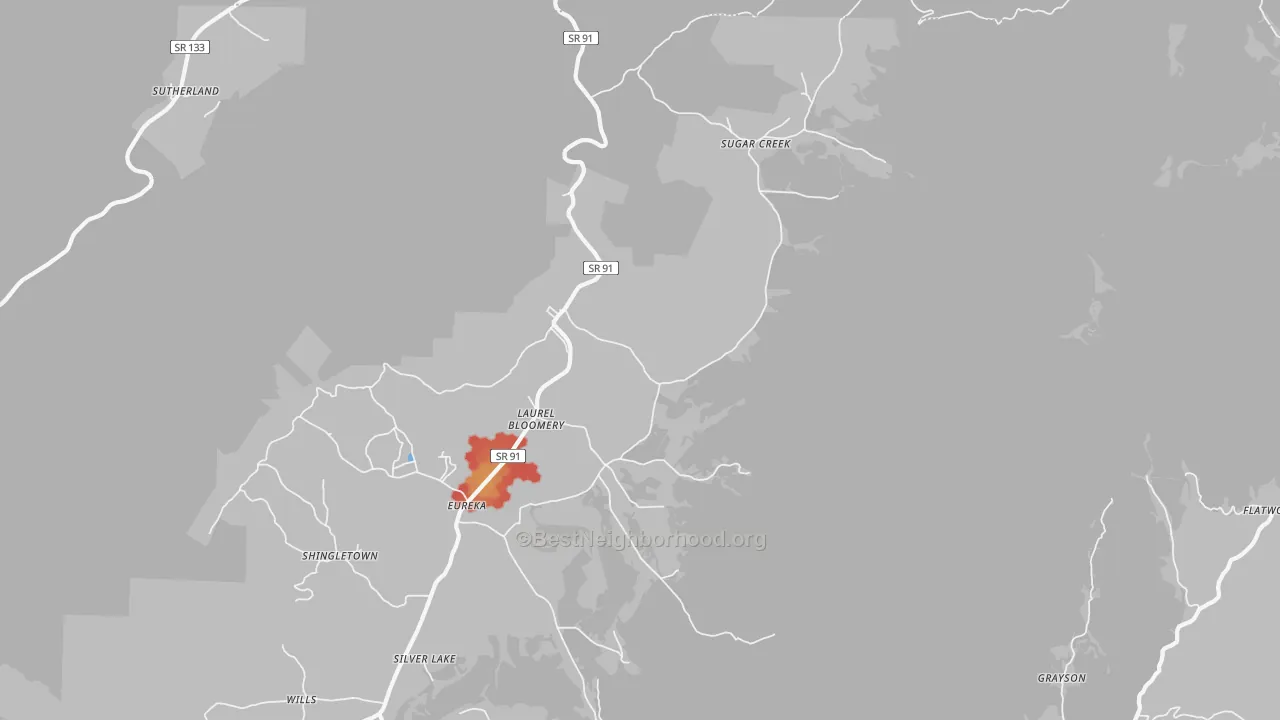 Walk Grade map of 37680, TN, walkable areas in green and car-dependent areas in red