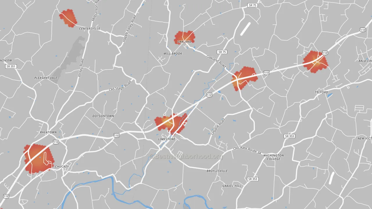 Walk Grade map of 37681, TN, walkable areas in green and car-dependent areas in red