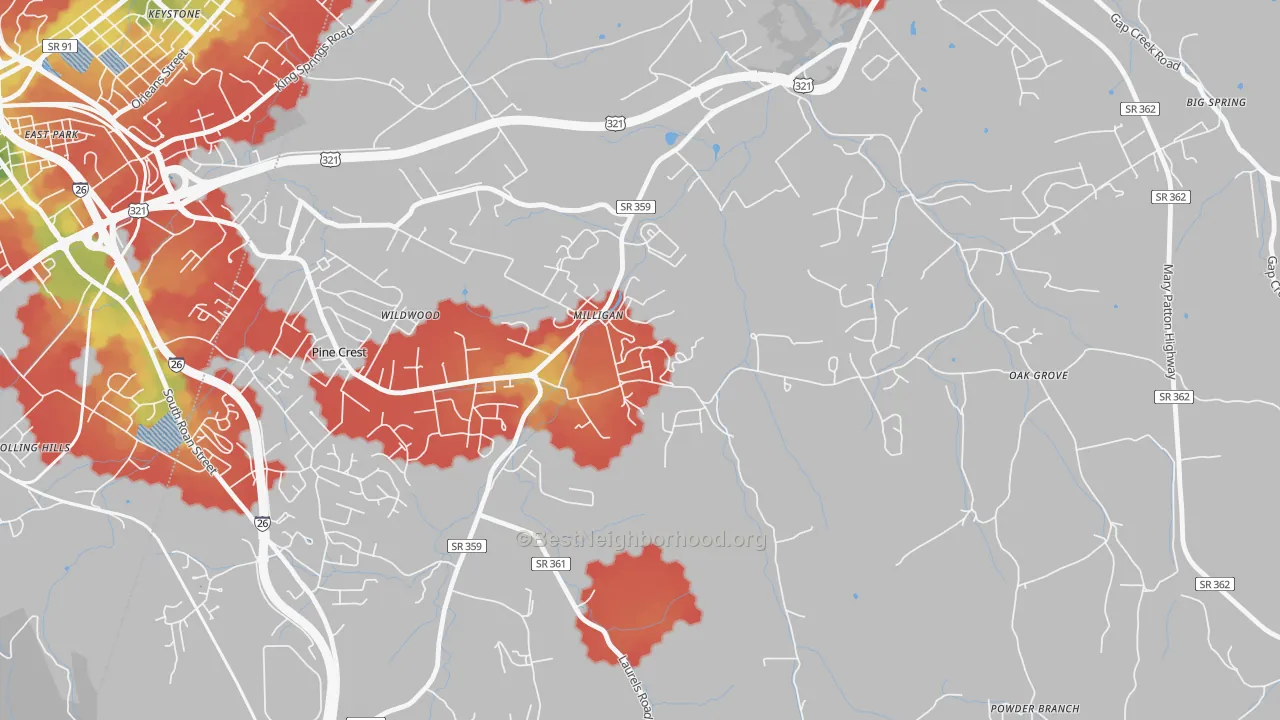 Walk Grade map of 37682, TN, walkable areas in green and car-dependent areas in red