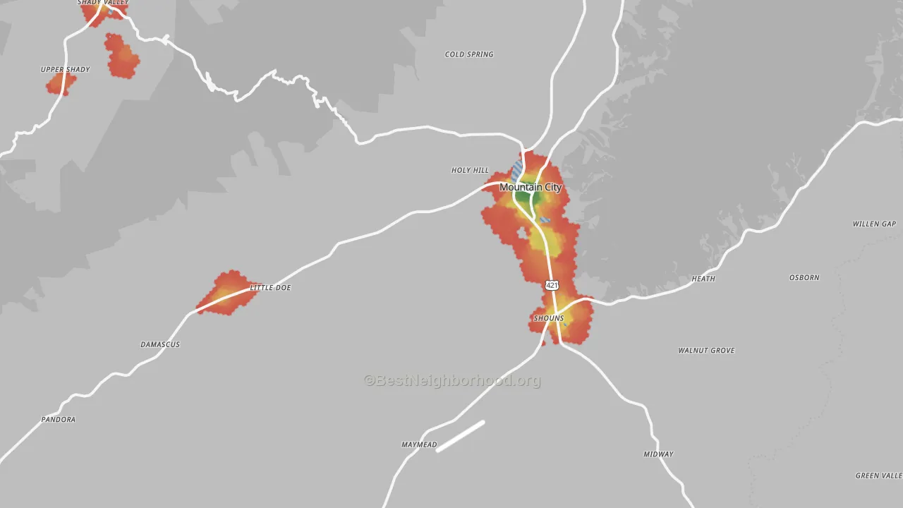 Walk Grade map of 37683, TN, walkable areas in green and car-dependent areas in red