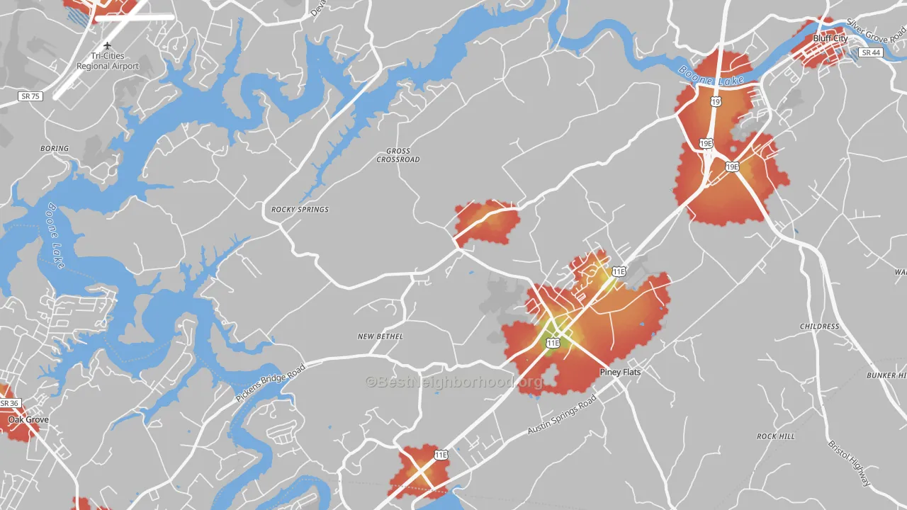 Walk Grade map of 37686, TN, walkable areas in green and car-dependent areas in red