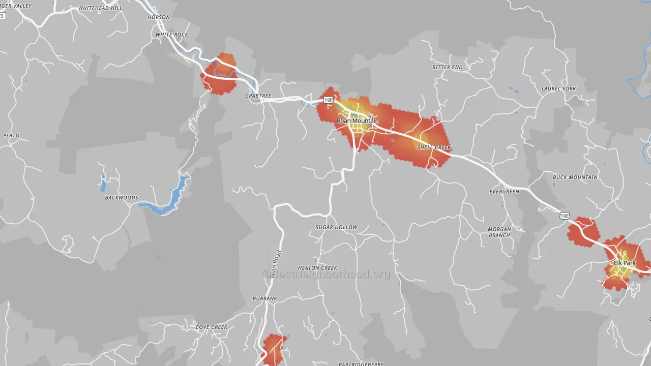 Walk Grade map of 37687, TN, walkable areas in green and car-dependent areas in red