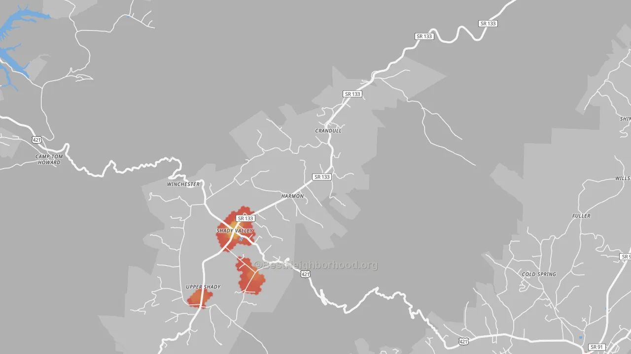Walk Grade map of 37688, TN, walkable areas in green and car-dependent areas in red