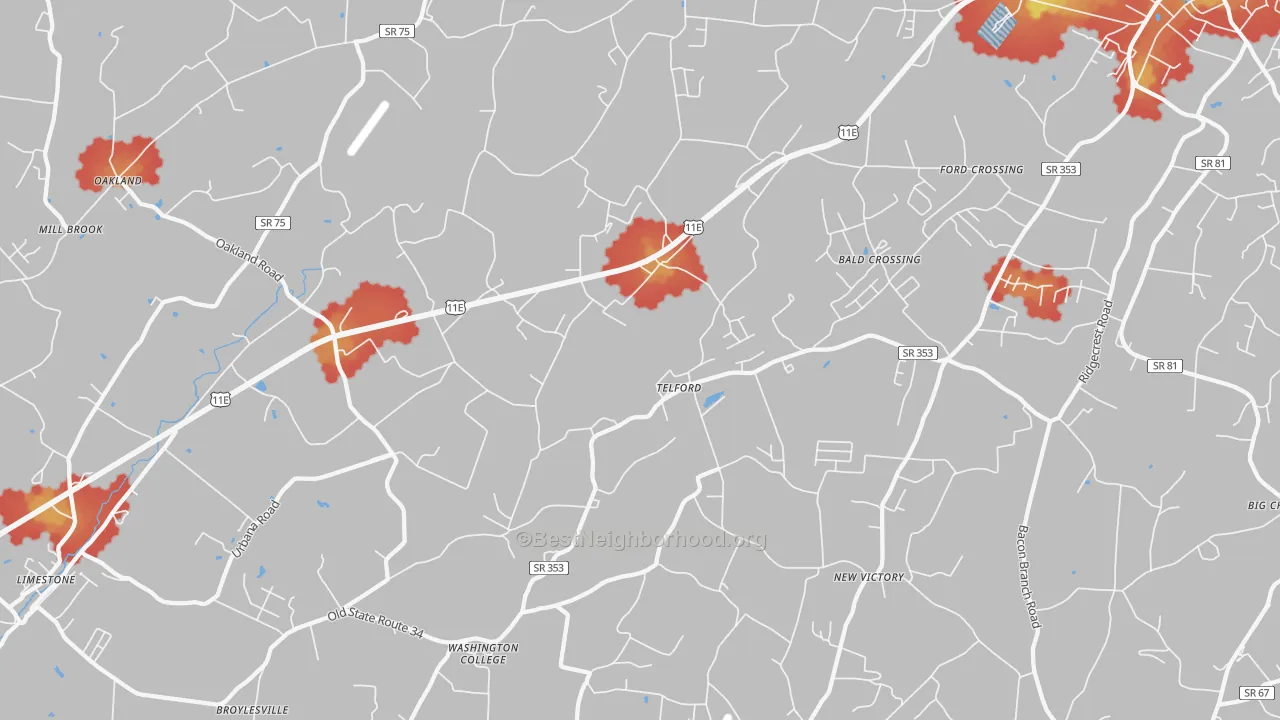 Walk Grade map of 37690, TN, walkable areas in green and car-dependent areas in red