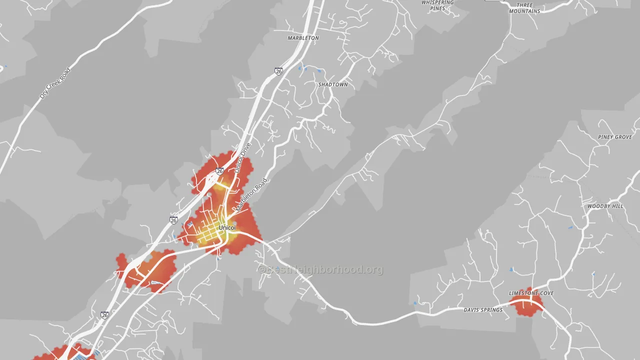Walk Grade map of 37692, TN, walkable areas in green and car-dependent areas in red
