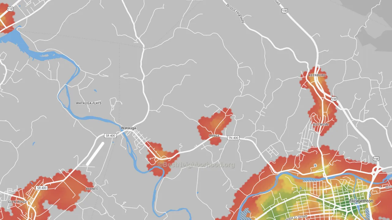 Walk Grade map of 37694, TN, walkable areas in green and car-dependent areas in red