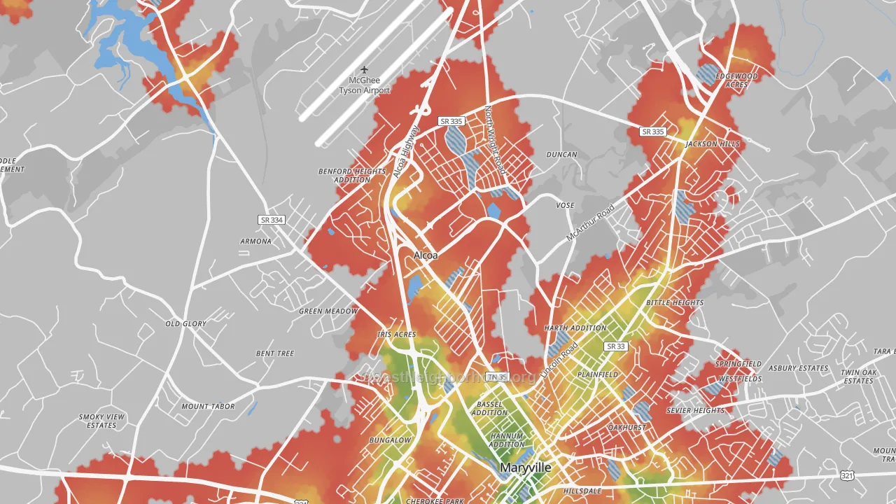 Walk Grade map of 37701, TN, walkable areas in green and car-dependent areas in red