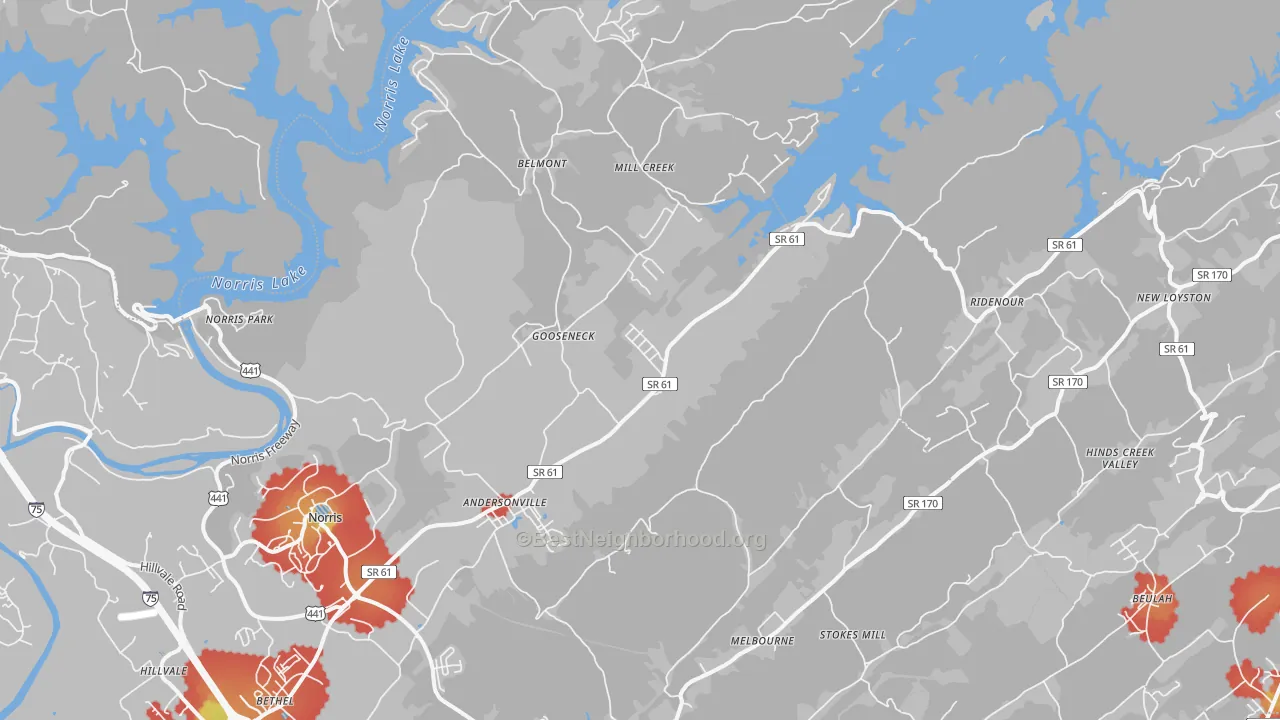Walk Grade map of 37705, TN, walkable areas in green and car-dependent areas in red