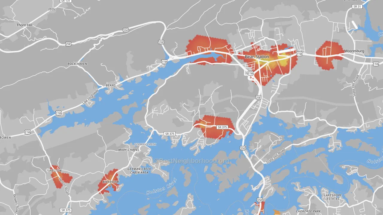 Walk Grade map of 37708, TN, walkable areas in green and car-dependent areas in red