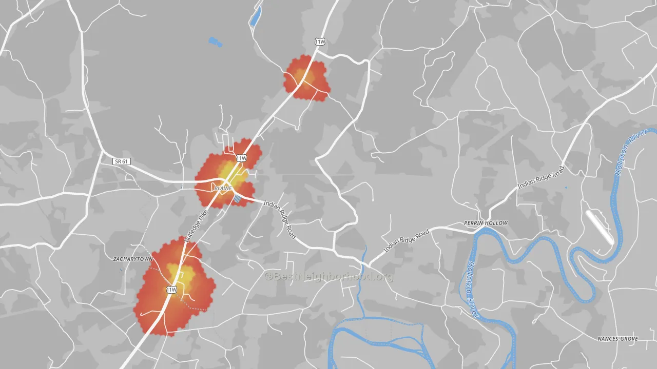 Walk Grade map of 37709, TN, walkable areas in green and car-dependent areas in red