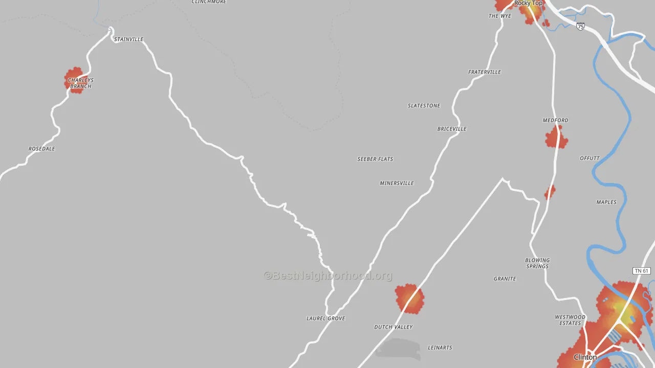 Walk Grade map of 37710, TN, walkable areas in green and car-dependent areas in red