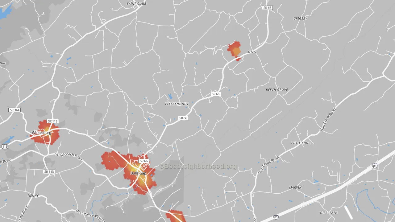 Walk Grade map of 37711, TN, walkable areas in green and car-dependent areas in red