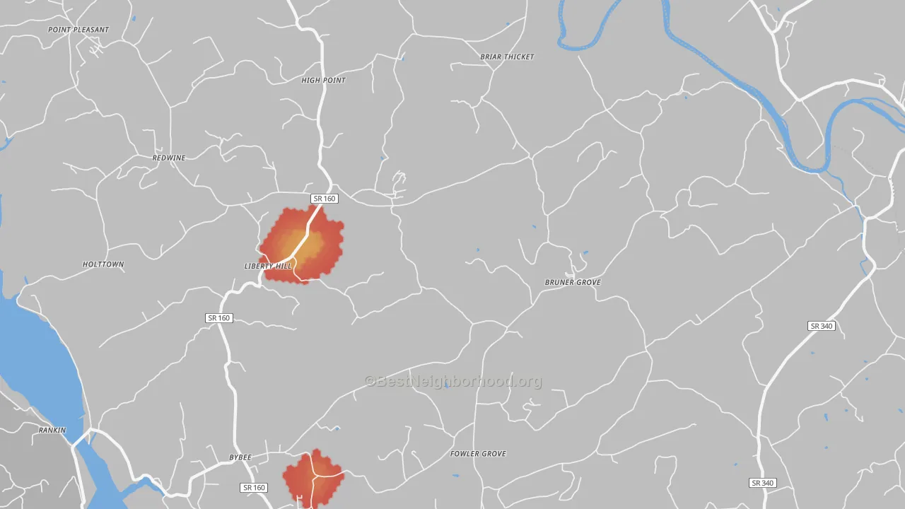 Walk Grade map of 37713, TN, walkable areas in green and car-dependent areas in red