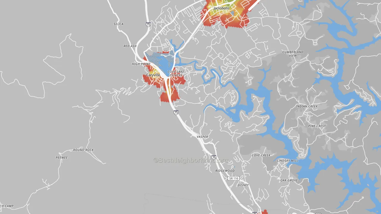 Walk Grade map of 37714, TN, walkable areas in green and car-dependent areas in red