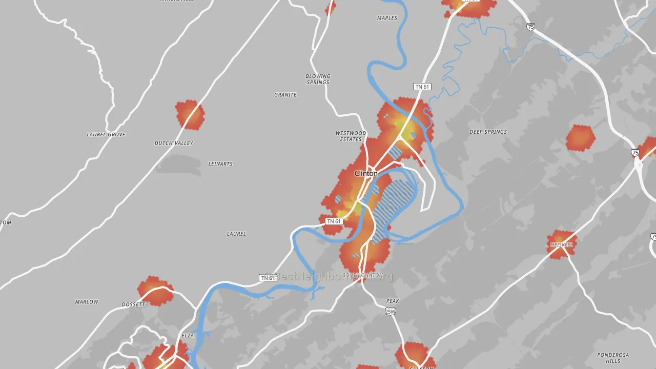 Walk Grade map of 37716, TN, walkable areas in green and car-dependent areas in red