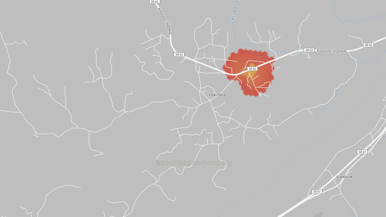 Walk Grade map of 37719, TN, walkable areas in green and car-dependent areas in red