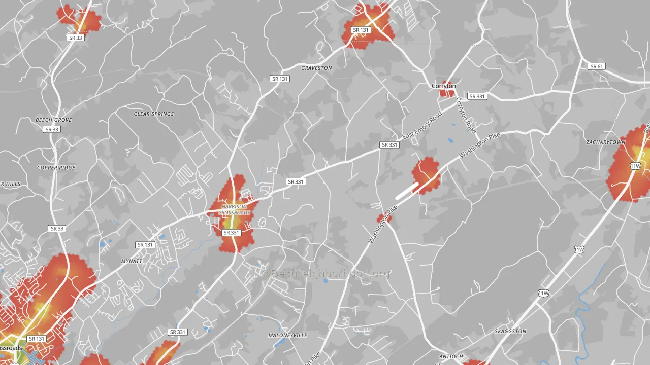 Walk Grade map of 37721, TN, walkable areas in green and car-dependent areas in red
