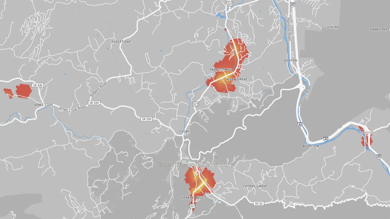 Walk Grade map of 37722, TN, walkable areas in green and car-dependent areas in red
