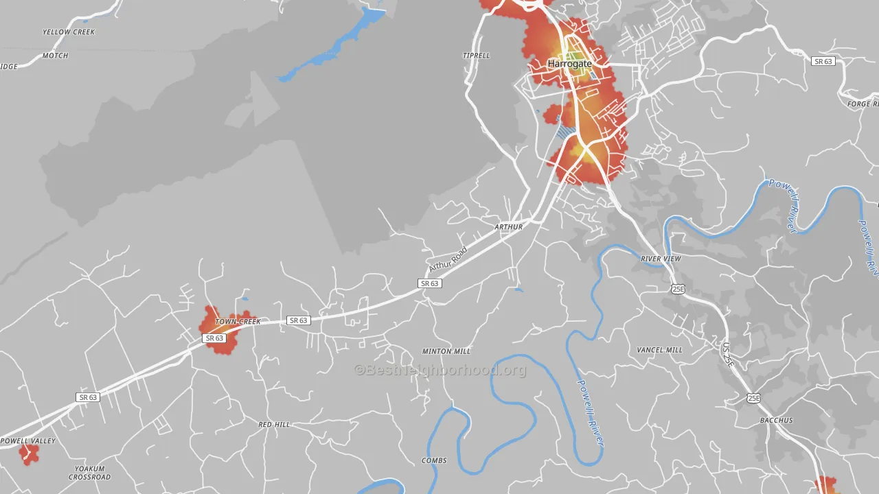 Walk Grade map of 37724, TN, walkable areas in green and car-dependent areas in red