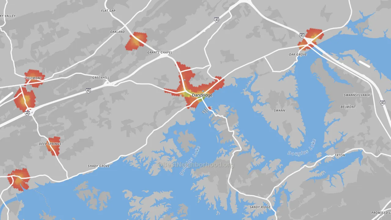 Walk Grade map of 37725, TN, walkable areas in green and car-dependent areas in red