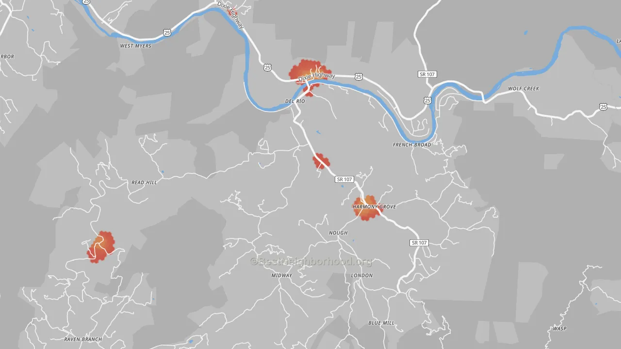 Walk Grade map of 37727, TN, walkable areas in green and car-dependent areas in red