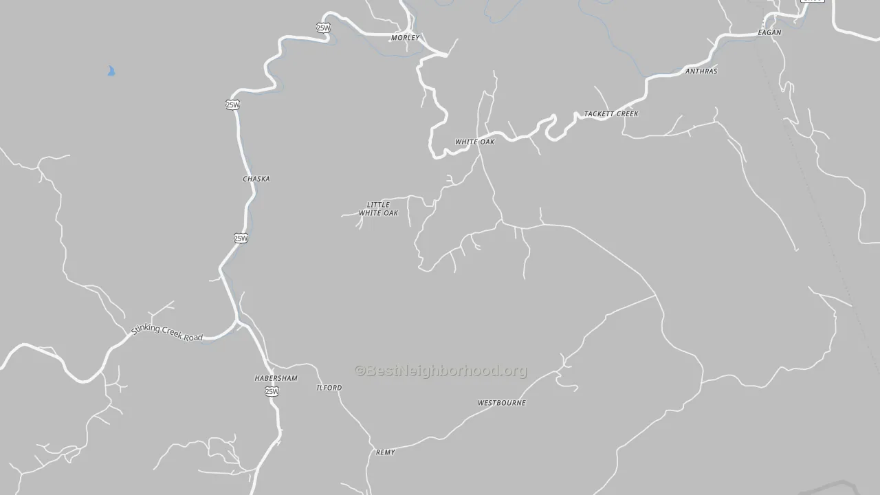 Walk Grade map of 37729, TN, walkable areas in green and car-dependent areas in red