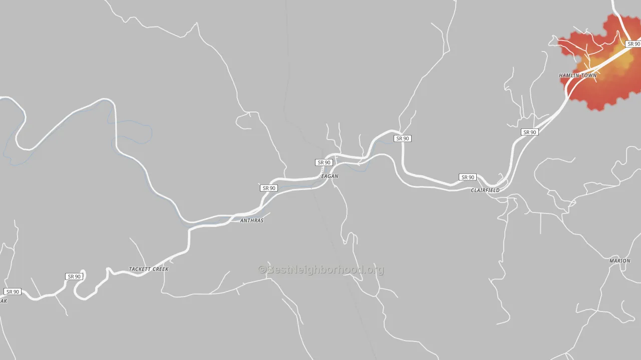 Walk Grade map of 37730, TN, walkable areas in green and car-dependent areas in red