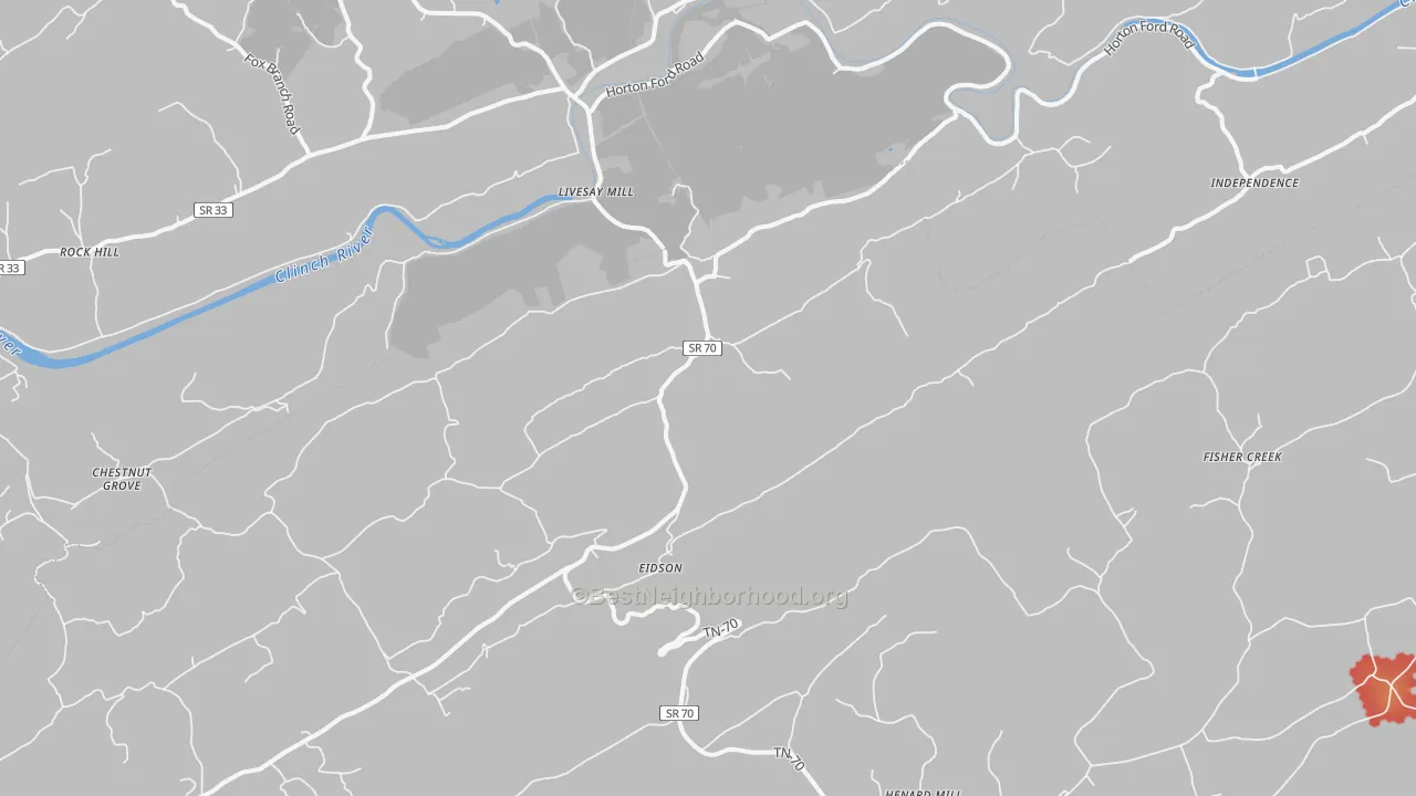 Walk Grade map of 37731, TN, walkable areas in green and car-dependent areas in red